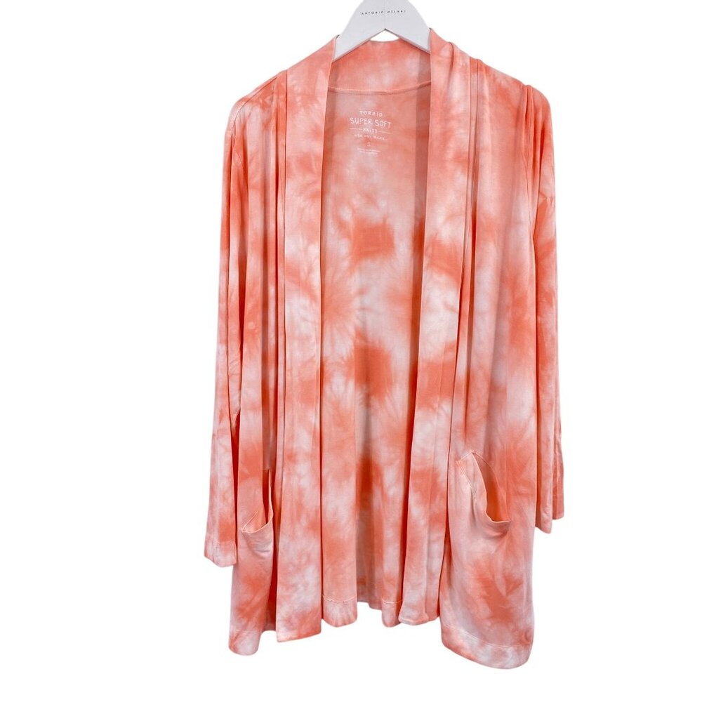 Torrid Super Soft Knits peach tie dye cardigan size 1X New Pockets